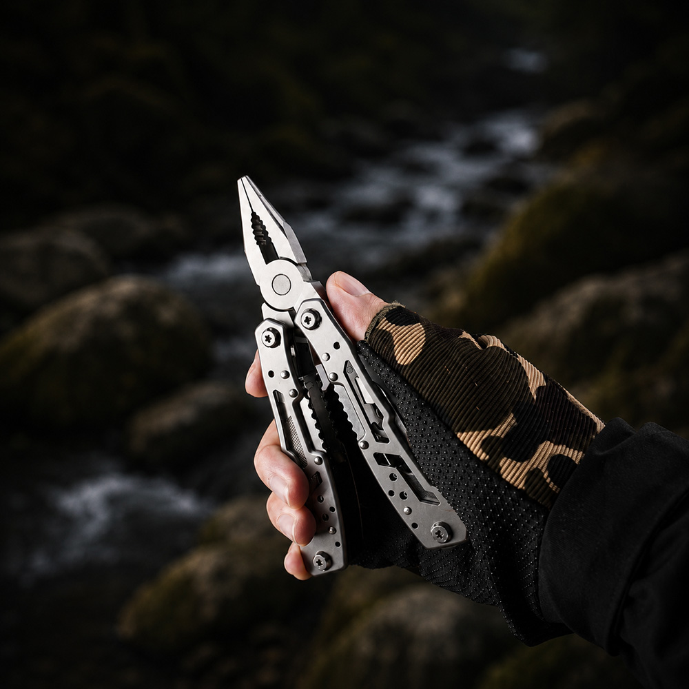 Black stainless steel folding multitool in closed position