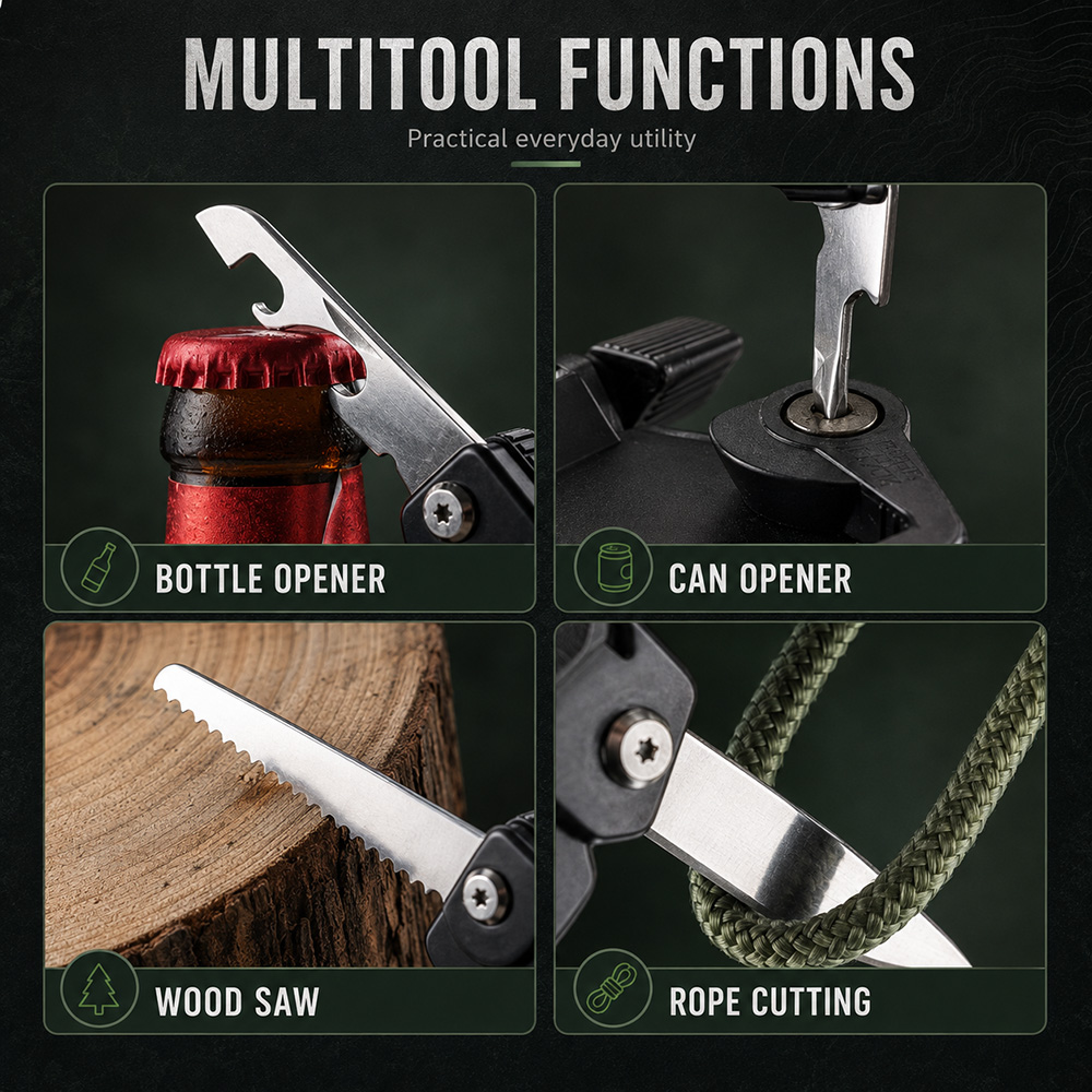 Mini Stainless Steel Folding Multitool for EDC Multitool functions including bottle opener can opener wood saw and rope cutter