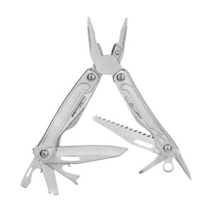 Expanded portable stainless steel multi-tool pliers, showcasing its integrated tool structure