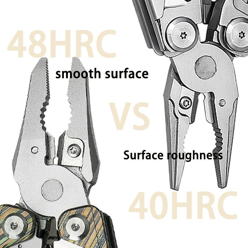 Outdoor Survival Foldable Portable Multipurpose Knife Plier: 48HRC smooth surface vs 40HRC rough surface, titanium alloy handle multifunctional tool hardness comparison