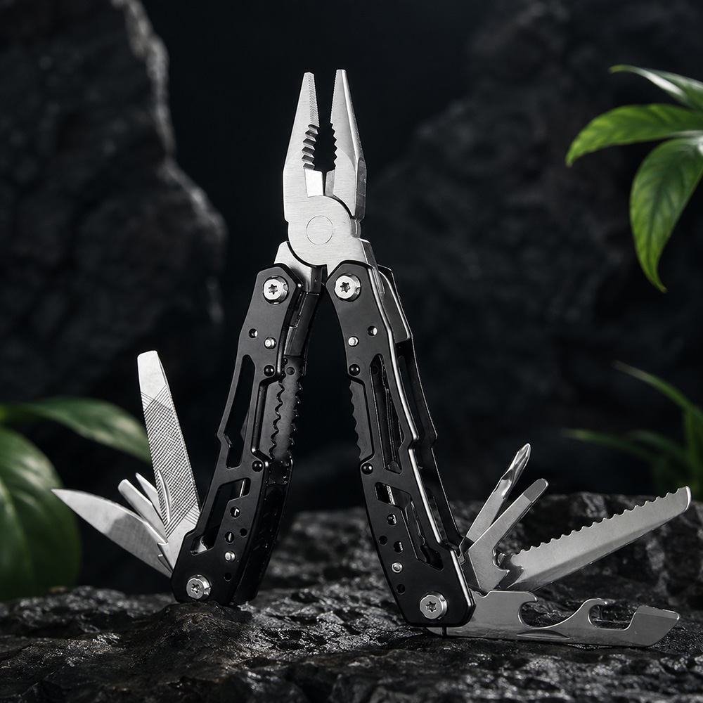 mini emergency edc stainless steel folding multitool Folding stainless steel multitool with tools open for outdoor use