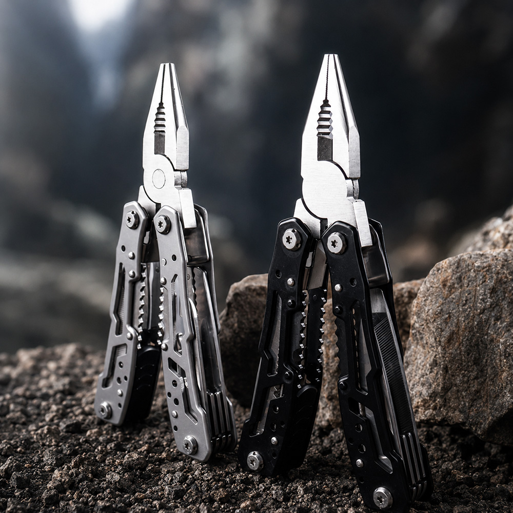 mini emergency edc stainless steel folding multitool Stainless steel folding multitool in silver and black finishes