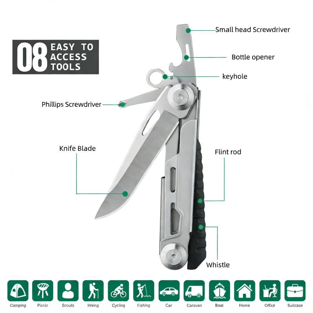 8 in 1 compact multitool for camping, hiking & emergency 8 in 1 compact multitool for camping, hiking & emergency