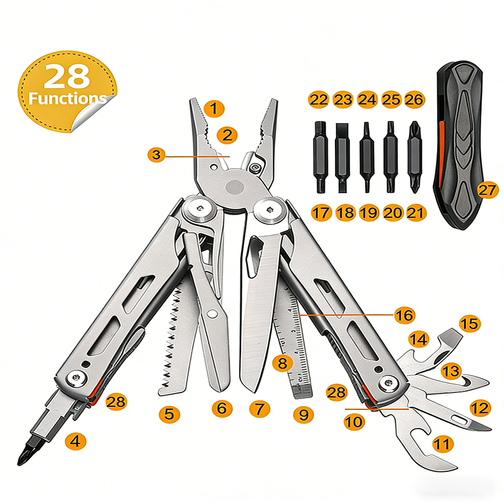 28 in 1 multitool pliers, 2cr13 stainless steel with glow in the dark feature 28 in 1 multitool pliers, 2cr13 stainless steel with glow in the dark feature
