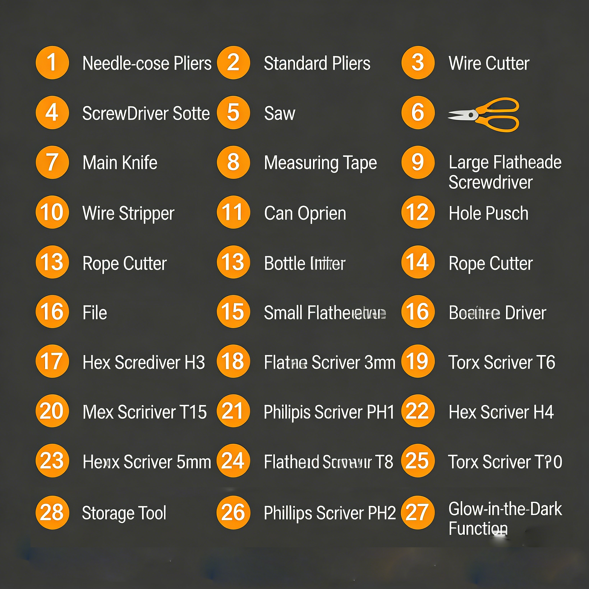 28 in 1 multitool pliers, 2cr13 stainless steel with glow in the dark feature 28 in 1 multitool pliers, 2cr13 stainless steel with glow in the dark feature